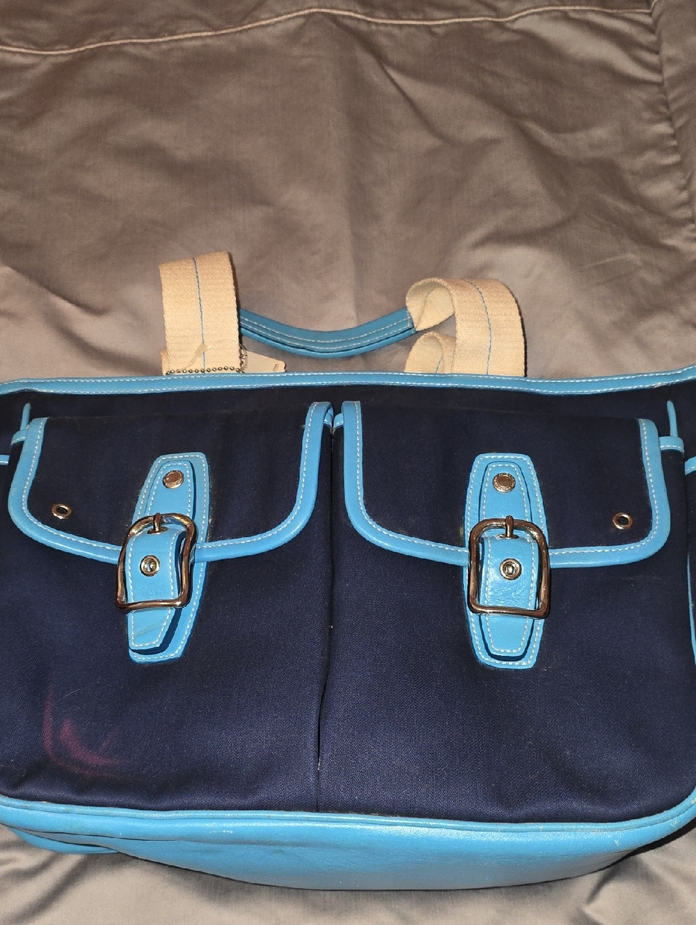 NWT Coach Twill Garden Tote with Light Blue Trim and Cream Handles